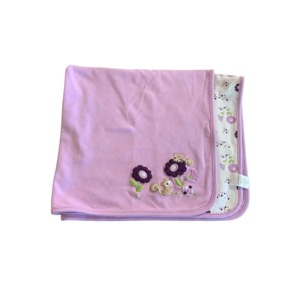 Gymboree Purple Squirrel Floral Vintage Baby Blanket Cotton Reversible 30x30